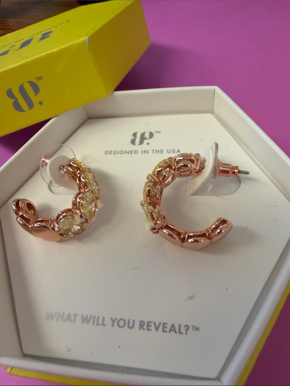 Bomb Party Rose Gold Hoop Earrings with Pale Yellow Stones
